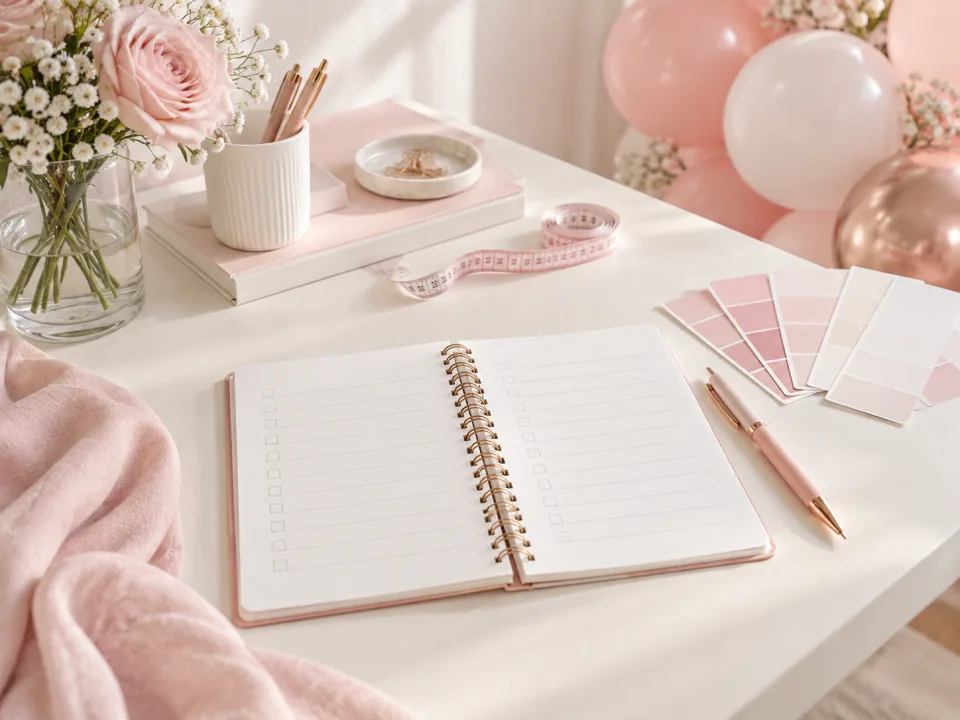 Sổ ô đánh dấu, bảng màu, bút và thước dây bên bóng hồng trắng
