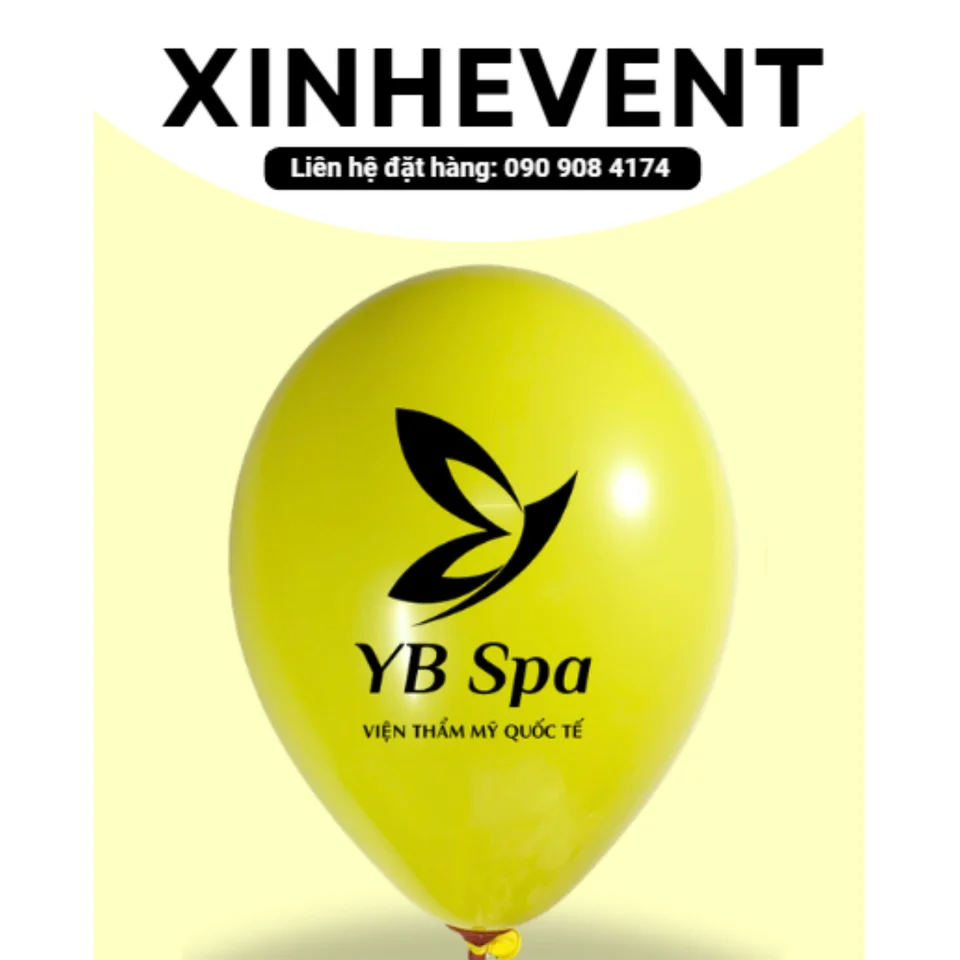 Mẫu bong bóng in logo YB Spa · Bóng vàng chanh. Biểu trưng màu đen trên nền bóng vàng chanh.