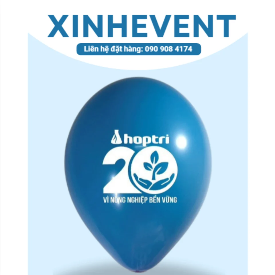 Mẫu bong bóng in logo Hợp Trí · Bóng xanh dương. Biểu trưng kỷ niệm màu trắng trên nền bóng xanh dương.
