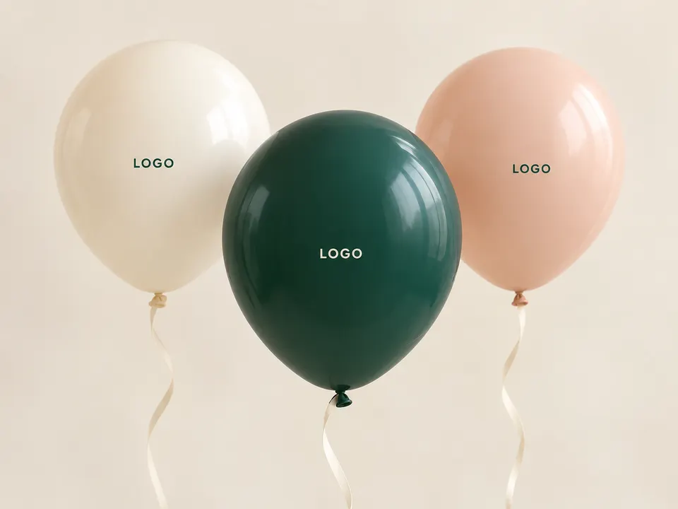 Hình minh họa ba bóng kem, xanh đậm và hồng đào với vị trí in logo